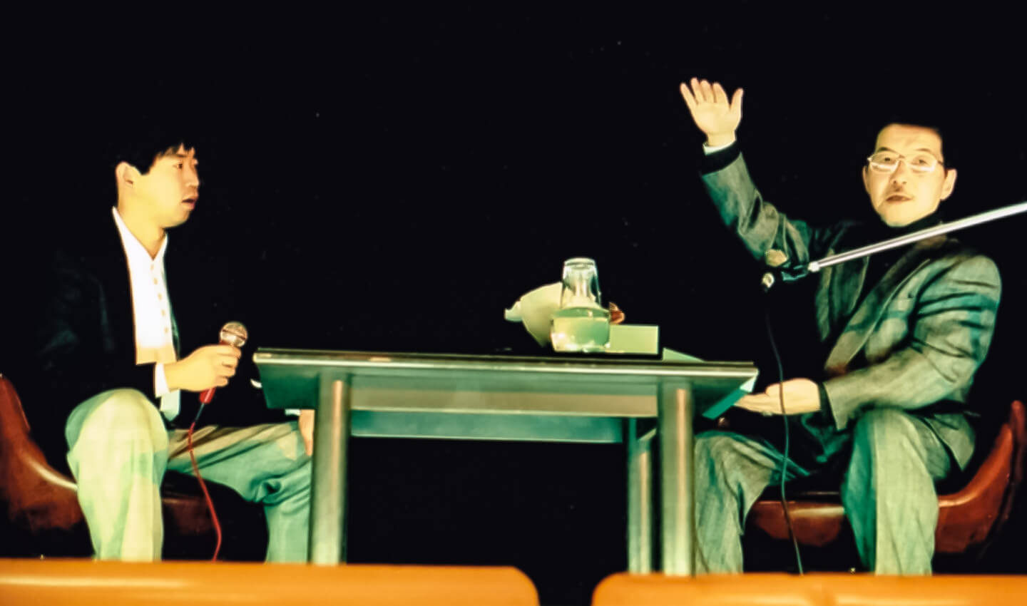 「千劇(現セングキシネマズ）にて、はじめてのトークショー」川本喜八郎さん（右）、著者（左） (1992年2月20日)